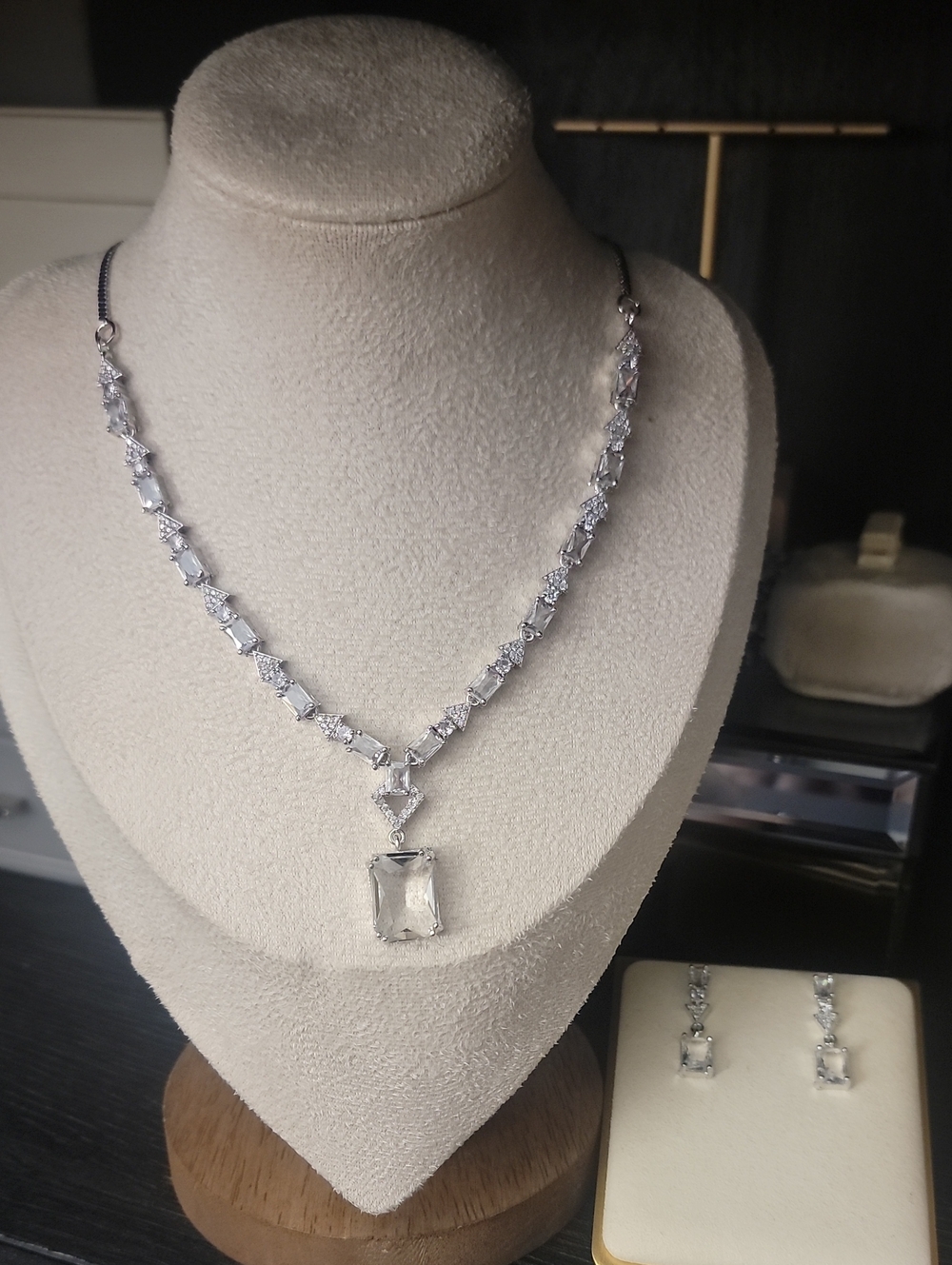 Sterling Silver Clear Crystal Pendant Necklace and Earrings Set